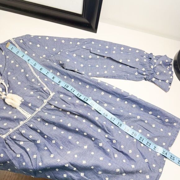 Boho Chambray Embroidered Peasant Blouse Tassel Tie Long Sleeve Medium - Picture 6 of 6